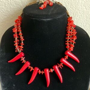 Cg Vintage Vibrant Red Coral Triple‎ Strand Beaded Necklace and Earrings Set